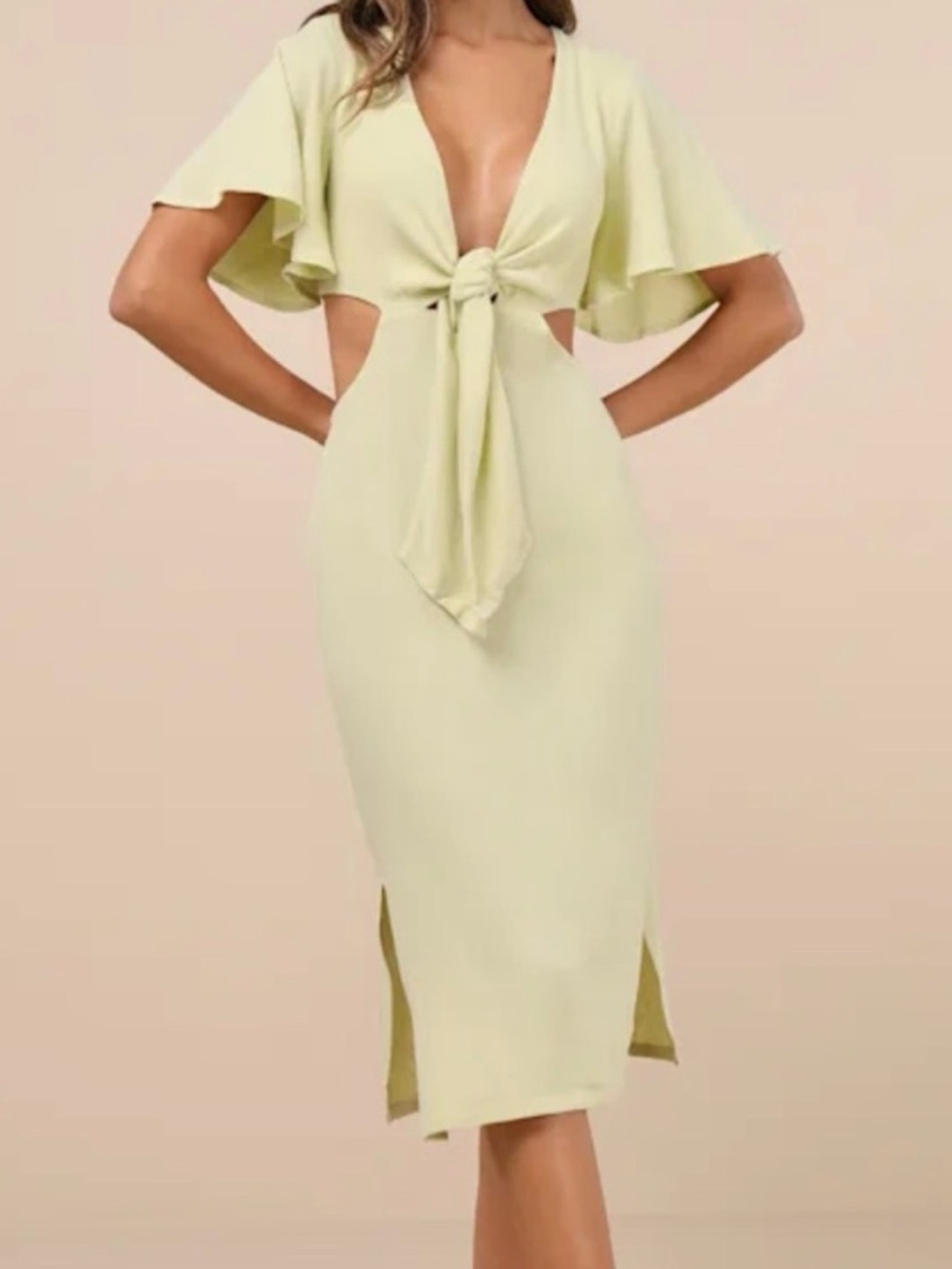 NEW Lulus Summer Journey Light Green Tie-Front Cutout Midi Dress Size S